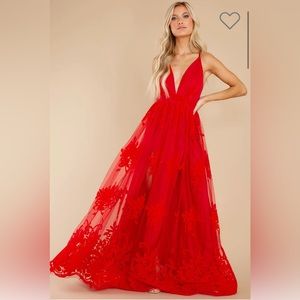 In Any Event Red Maxi Dress - Floral Tulle overlay maxi gown in Red. NWT.